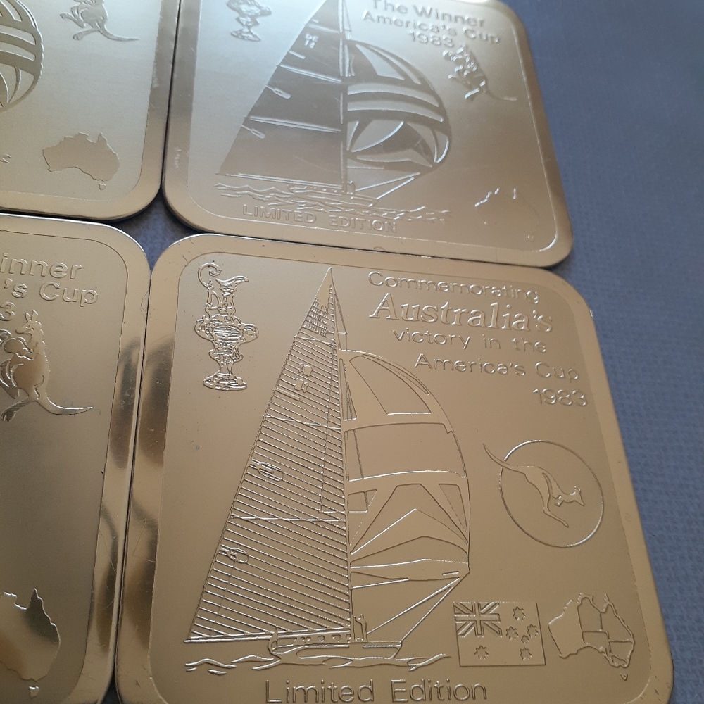 Vintage 1983 Riga Goldtone Etched Americas Cup Sailing Coasters